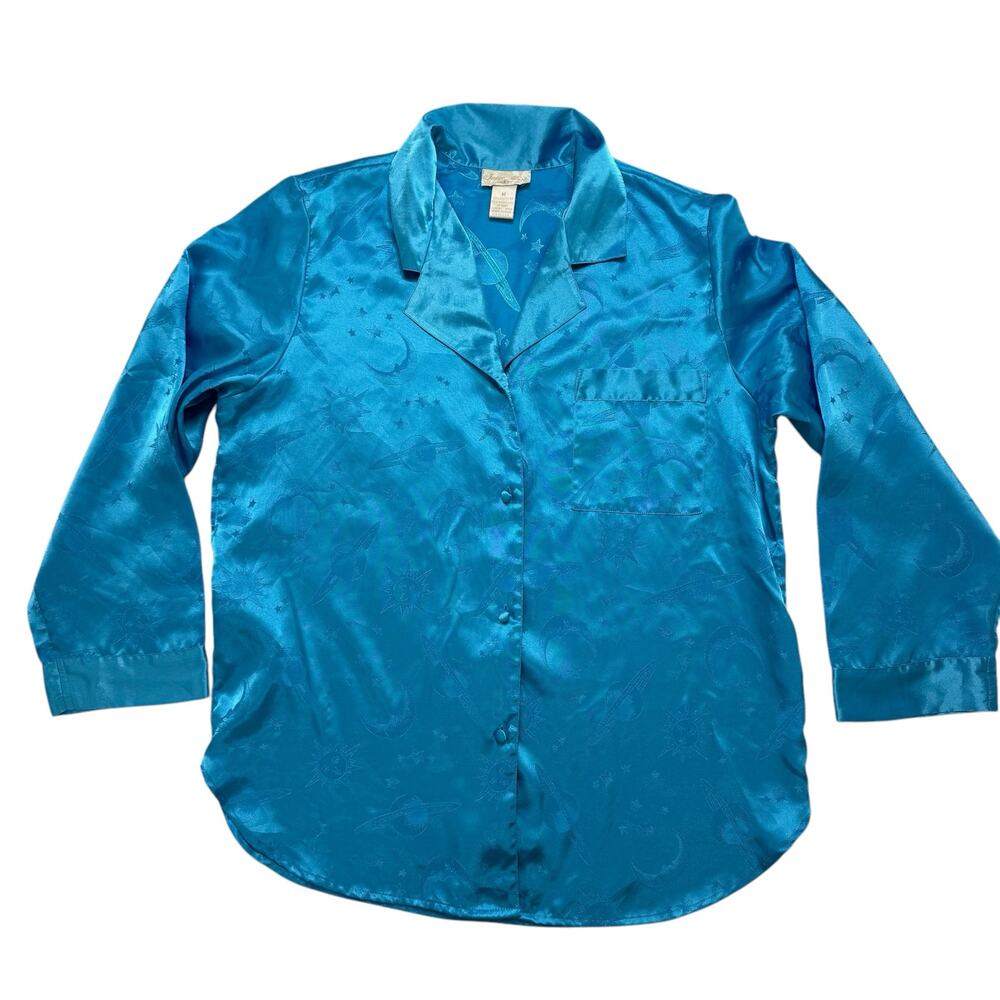 Vintage Blue Satin Celestial Blouse Size Medium Women Moon Stars Sun Planets - Picture 5 of 10